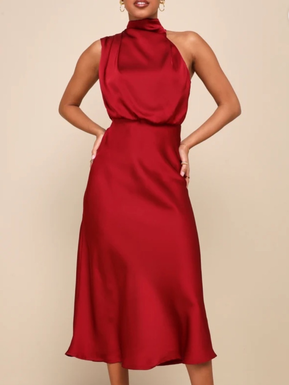 Lulus Distinctive Charm Burgundy Satin Asymmetrical Midi Dress